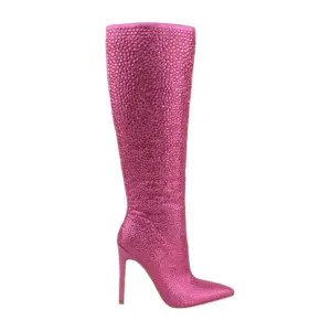 2024 Hot Sale Pink Small Round Rehine Stone Encrusted Shining Fashion High Heel Pointed Toe High Boots Over-the knee Long boots