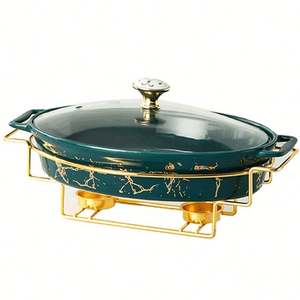 Plat à gratin ovale en céramique européenne avec couvercle en verre, revêtement antiadhésif, écologique, diamètre 33 cm, compatible bougies, pour usage domestique et hôtelier - Product Image 6