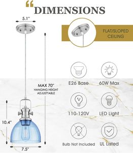SIMIG Farmhouse Pendant <strong>Lights</strong> for Kitchen <strong>Island</strong> Dining Room 7.5" Blue Seeded Glass Shade <strong>Brushed</strong> <strong>Nickel</strong> Finish - Product Image 4