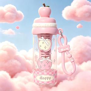 Leakproof Portable Sports Water Bottle with Straw & <b>Tea</b> <b>Infuser</b>, Cute Apple Shaped Plastic Tumbler for Outdoor Office Home use - Product Image 3