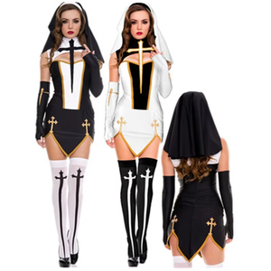 Costume <span class=keywords><strong>da</strong></span> <span class=keywords><strong>suora</strong></span> <span class=keywords><strong>Sexy</strong></span> per donne adulte bianco <span class=keywords><strong>abito</strong></span> Cosplay con cappuccio nero per Halloween sorella Cosplay Costume <span class=keywords><strong>da</strong></span> calza - Product Image 1