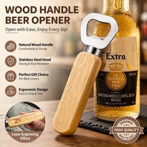 Ouvre-bouteille à <span class=keywords><strong>pompe</strong></span> à air, ouvre-bouteille personnalisé, ouvre-bouteille en acier inoxydable pour bière, porte-clés personnalisé en bois, aimant de réfrigérateur en métal - Product Image 1