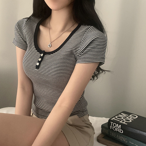 Vintage Stripe Print <b>Button</b> Embellished Women's U Neck Short Sleeve T-Shirt - Product Image 1