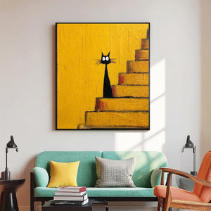 Stile Minimalista, Dipinto a Olio <span class=keywords><strong>di</strong></span> un Gatto Nero che Si Trova sulle Scale, Opera d'Arte Animale Disegnata a Mano Perfetta per Decorazione Murale - Product Image 4