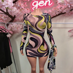 G05237C 2026 Autunno Abiti da Donna a <span class=keywords><strong>Maniche</strong></span> <span class=keywords><strong>Lunghe</strong></span> con Stampa e Rete - Product Image 1