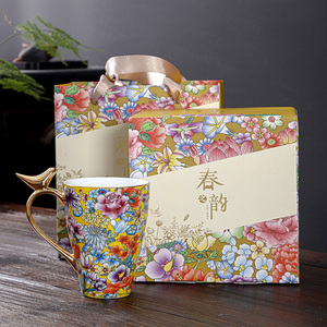 工厂热卖定制设计骨瓷全贴花欧式陶瓷咖啡杯金色手柄 - Product Image 2