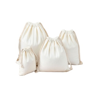 Pochette en coton mousseline bio écologique, sac en toile de calicot blanc promotionnel avec cordon de serrage et logo imprimé - Product Image 1