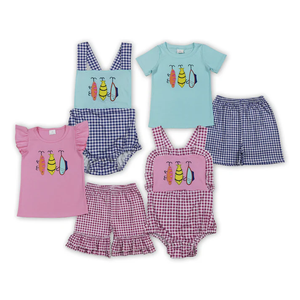 Ropa a juego de verano para niños con estampado de cuadros y bordado de anzuelos - Product Image 1