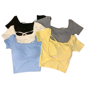 <span class=keywords><strong>Camiseta</strong></span> de algodón cuadrada sexy coreana popular de verano para mujer, con almohadillas en el pecho, espalda descubierta, diseño hueco cruzado, top corto sencillo, moda femenina - Product Image 1