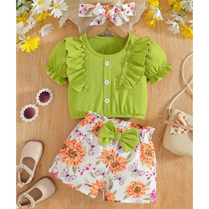 Ensembles de vêtements pour filles, ensembles de vêtements pour enfants, shorts à manches courtes, volants, motifs floraux, papillons, été, logo personnalisé, OEM, ODM, vente en gros d'usine - Product Image 1