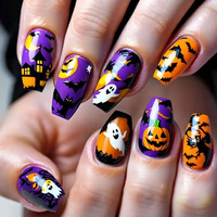 Faux Ongles à Presser Style Français Halloween Effet Effrayant Citrouille Fantôme Maison Hantée Chauve-souris Cercueil Violet Orange (Matériau ABS)