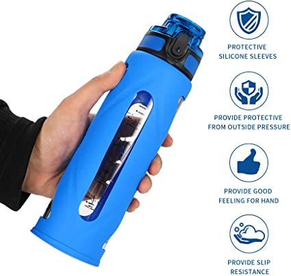 17oz Glass Water Bottle 2 Lids One Click Open and Motivational Water Bottles with Time Marker Reminder