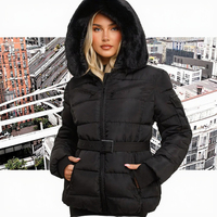 Veste bomber d'hiver matelassée noire imperméable pour femme Eshine, avec capuche en fourrure, fermeture éclair, ceinture, manches longues, en polyester épais