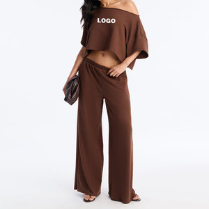 Ensemble deux pièces pour femmes, printemps-été, pantalon long en polyester et chemise à manches courtes, épaules tombantes, impression DTG et sérigraphie - Product Image 2