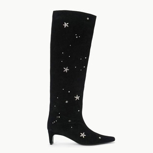 Bottes d'hiver à talons carrés épais en daim avec diamants et fleurs pour femmes, hauteur genou - Product Image 4
