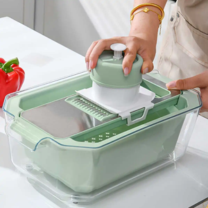 Cortador de cocina Manual multifuncional, picadores de alimentos, trituradora de acero inoxidable, rallador, mandolina, rebanador de verduras con contenedor - Product Image 1