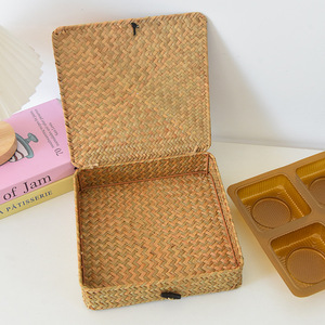 Handmade Straw <b>Woven</b> <b>Basket</b> Rectangle Storage <b>Basket</b> With Handle For Home Organization - Product Image 2