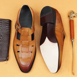 Sandalias planas de cuero genuino para hombre, con punta cuadrada, correa con hebilla, transpirables, informales, para verano - Product Image 2