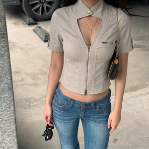 Street Style Vintage Stand Collar <b>Patchwork</b> Hollow Out Cargo <b>Shirt</b> Zipper Cardigan Casual Short Sleeve - Product Image 2