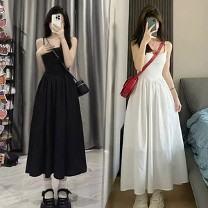 White Spaghetti Strap Dress Empire Waist Solid Color Casual Long Dress For Women Summer Beach Wear - Product Image 1