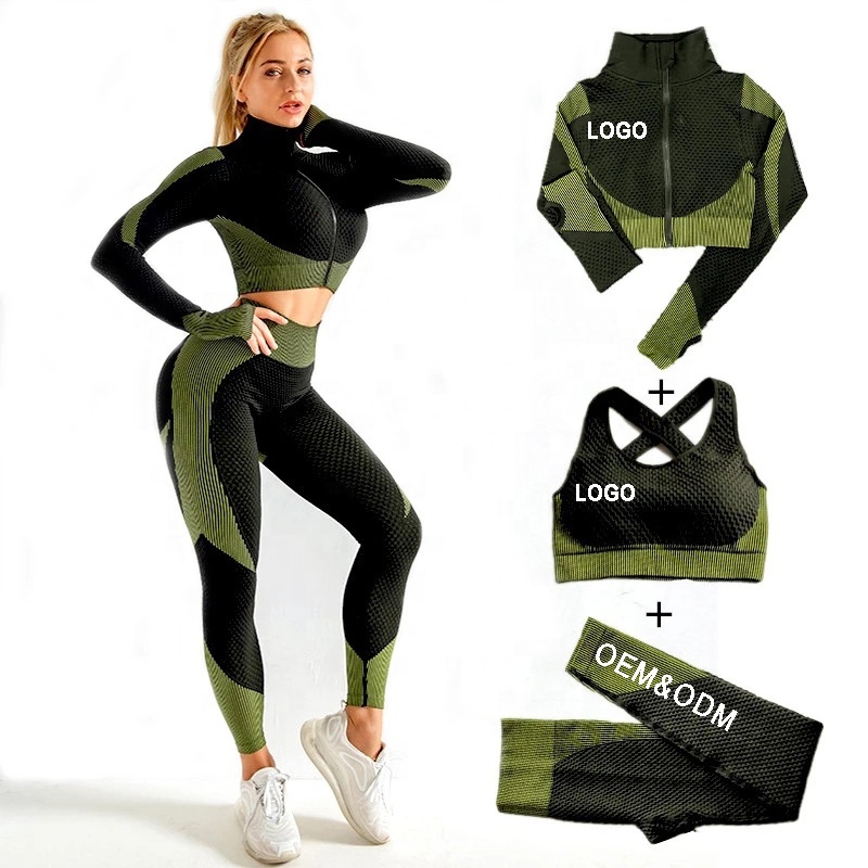 Conjunto de roupa de academia curta sem costura, kit de roupa de yoga para mulheres com zíper e 3 peças