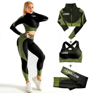 Tute da ginnastica Crop Top Yoga Suit tute senza cuciture con cerniera-Set da Yoga senza cuciture 3 pezzi Set Activewear per donna