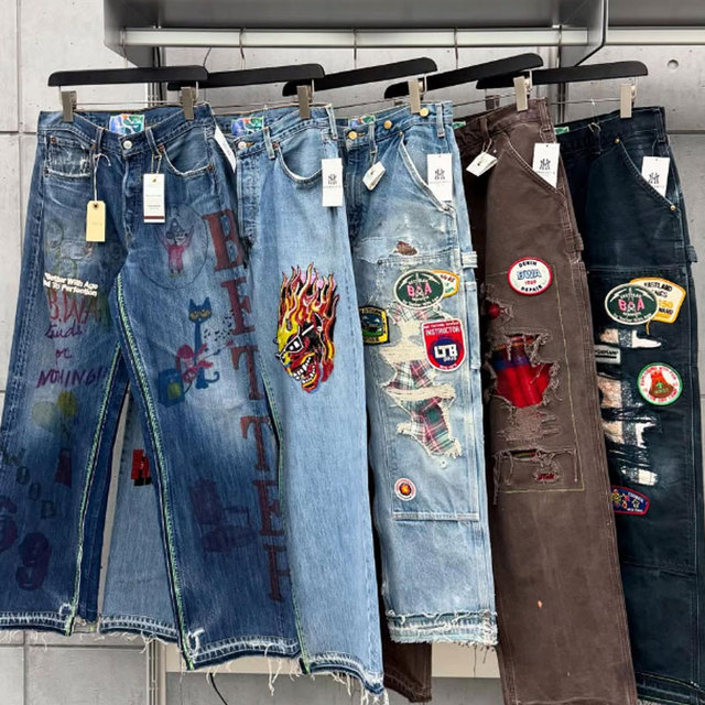 High Quality 3d Embroidery Patch logo Distressed Ripped Y2k Sun Faded Acid Washed Baggy Cotton Denim Men Baggy Jeans Pants