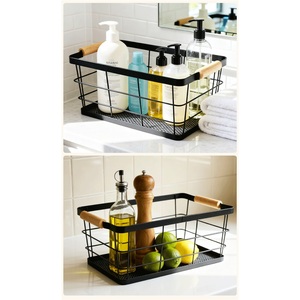 Modern Stainless Steel <b>Standing</b> Type Kitchen Storage Rack Wooden Handle Basket Countertop Seasoning Snacks Vegetable Organizer - Product Image 2