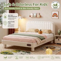 Cama Infantil de Madera de Roble Macizo de Primera Calidad, Pintura Ecológica a Base de Agua, Cuero Blanco a Rayas, Muebles Modernos y Elegantes para Niños y Niñas
