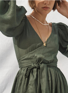 Di modo A Vita Alta Profondo Scollo A V Mezza Manica Bendato Delle Donne Vestito <span class=keywords><strong>Lungo</strong></span> di Lino - Product Image 6