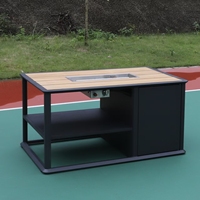 Table de foyer extérieur en aluminium au propane avec verre à feu transparent, couvercle, noir, dessus de table en teck, rectangle