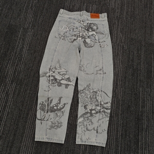 <span class=keywords><strong>Jeans</strong></span> Larghi Vintage da Uomo, Gamba Dritta, Nero e Bianco, Lavaggio Acido, Stampa Oversize con Motivo Angelo, Denim Hip Hop Invernale - Product Image 6