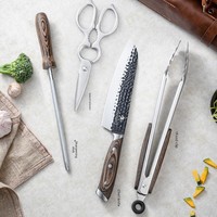 5-delige campingkeukenmessenset, gesmeed 5Cr15MoV staal, koksmessen met houten handvat & lederen opberghoes voor buiten BBQ en wandelen