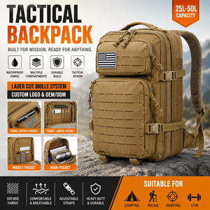 OEM ODM 25L-50L Tactical Backpack Waterproof Camping Hiking Hunting Backpack Laser Cut MOLLE Outdoor Backpack - Product Image 1