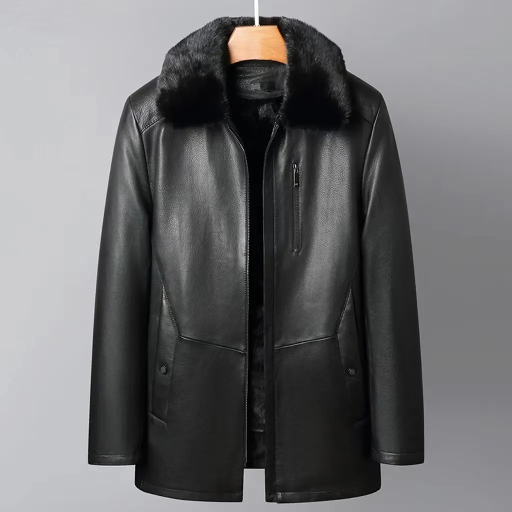 Goat leather jacket men's real leather and fur integrated with plush and thickened mink inner liner middle-aged fur coat