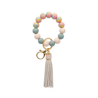 Bracelet en perles de silicone, porte-clés en perles de bois avec glands, accessoires de sac pour femmes