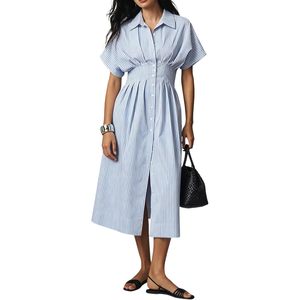 FOXA Women Button Front Pleated Shirt Maxi <b>Dress</b> Striped Short Sleeve Turn-down Collar <b>Elastic</b> Waist Casual Summer <b>Dress</b> - Product Image 1