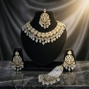 Handcrafted Royal Bridal Kundan Long Layered Haram Necklace Pearl Cluster Strand Gemstone Pendant Antique Gold Jewelry <b>Set</b> - Product Image 3