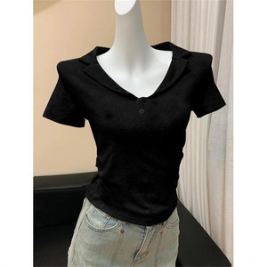Estilo americano <span class=keywords><strong>Mujer</strong></span> Verano Casual para Polo Color sólido Cuello en V Slim-Fit Top corto Turn-Down Collar Base de manga corta - Product Image 4