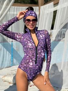 STOCK 10Colors <strong>Print</strong> Women Long Sleeve <strong>Surf</strong> Swimwear Zipper up Diving One Piece Swimsuit With Hair Band S-2XL - Product Image 2