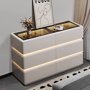 <span class=keywords><strong>Commode</strong></span> simple en <span class=keywords><strong>bois</strong></span> <span class=keywords><strong>massif</strong></span> à 6 tiroirs avec revêtement en cuir, éclairage LED, certification CE européenne, adaptée à une utilisation en <span class=keywords><strong>chambre</strong></span> à coucher - Product Image 1