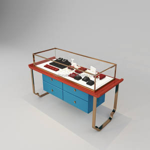 Table de présentation de bijoux de style chinois traditionnel, comptoir <span class=keywords><strong>vitrine</strong></span>, support en acier inoxydable laqué rouge et peint en bleu, MDF, OEM/ODM - Product Image 4