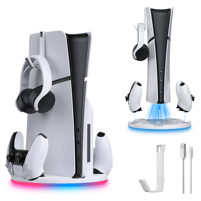 Vertical Stand Charging Station for Play Station 5 for PS5 Slim Console Controller Dual Charger LED Dock Charging Stand