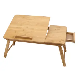 100% Solid Bamboo Bed Table Muli-Functional Adjustable Laptop Table Folding Laptop Lap Desk with Drawer for Writing Painting