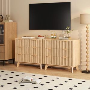 Mesa <span class=keywords><strong>de</strong></span> <span class=keywords><strong>Noche</strong></span> Moderna con Paneles Acanalados Anchos y Almacenamiento, Diseño <span class=keywords><strong>de</strong></span> Perfil Curvo, Acabado <span class=keywords><strong>en</strong></span> Madera Natural para Dormitorio - Product Image 6