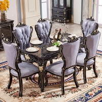 Table à manger ronde en bois et marbre noir de style royal antique français européen, durable et confortable, avec six chaises en cuir violet