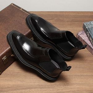 Bottes pour hommes - Bottes à lacets en cuir véritable de style britannique les plus vendues, en cuir verni, à semelle épaisse, avec talon compensé, chaudes - Product Image 4