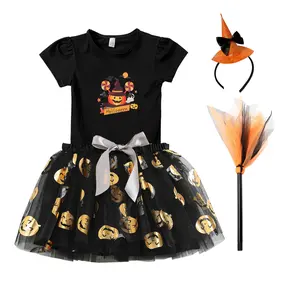 Bestseller Halloween Kostüm Kinder Rock Baby Kürbis Mädchen Kurzer Rock 4-teiliges Set Kleidung