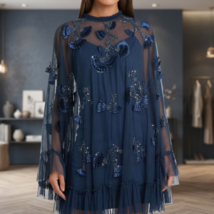 Robe rose à manches courtes, ornée de perles florales, longueur genou, pour femmes, décontractée, soirée, bal, cocktail, élégante, style brodé - Product Image 4