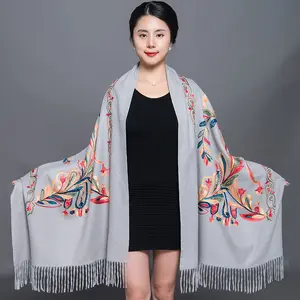 High Quality Vintage Ethnic Style Women Unique Shawl Embroidery Flower Pattern Pashmina Cashmere Tassel Scarf